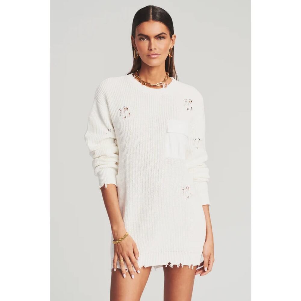 NWT SEROYA Retrofete White Distressed Knit Devin Sweater Oversized Size XS